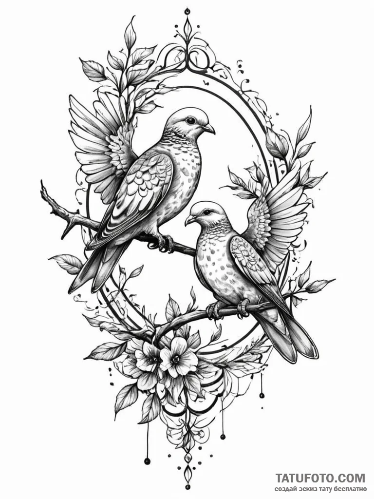 Turtle dove pair, perched on a branch togethe... - эскиз тату (№1752619680_0, 15.07.2025 22:48) — Tatufoto.com