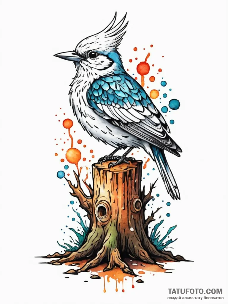 A whimsical bird on a stump, calm,, tattoo fl... - эскиз тату (№1752620845_0, 15.07.2025 23:07) — Tatufoto.com