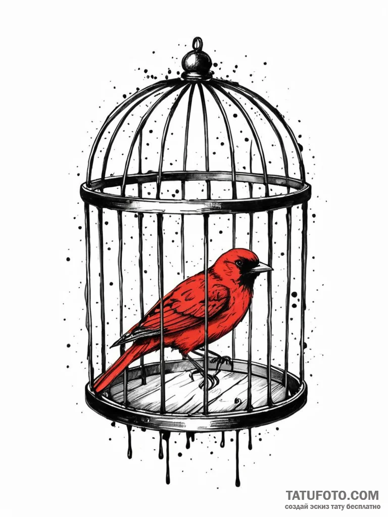 A whimsical bird in a cage, trapped,, tattoo... - эскиз тату (№1752621011_0, 15.07.2025 23:10) — Tatufoto.com