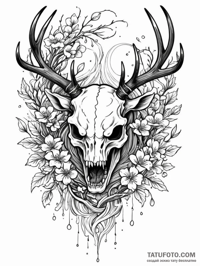 Skull of a deer with antlers of living branch... - эскиз тату (№1752621345_0, 15.07.2025 23:15) — Tatufoto.com