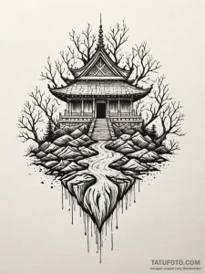 Sunken temple bound in roots, tattoo flash sh... - эскиз тату (№1752621428_0, 15.07.2025 23:17) — Tatufoto.com