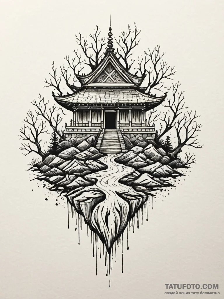 Sunken temple bound in roots, tattoo flash sh... - эскиз тату (№1752621428_0, 15.07.2025 23:17) — Tatufoto.com