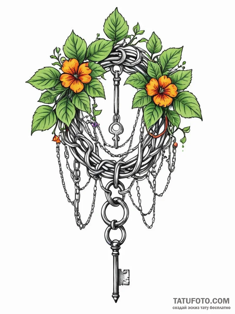 Key entwined with ivy and chains, concept art... - эскиз тату (№1752621848_0, 15.07.2025 23:24) — Tatufoto.com