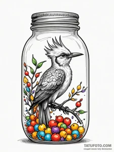 A whimsical bird in a glass jar, trapped,, ta... - эскиз тату (№1752622097_0, 15.07.2025 23:28) — Tatufoto.com