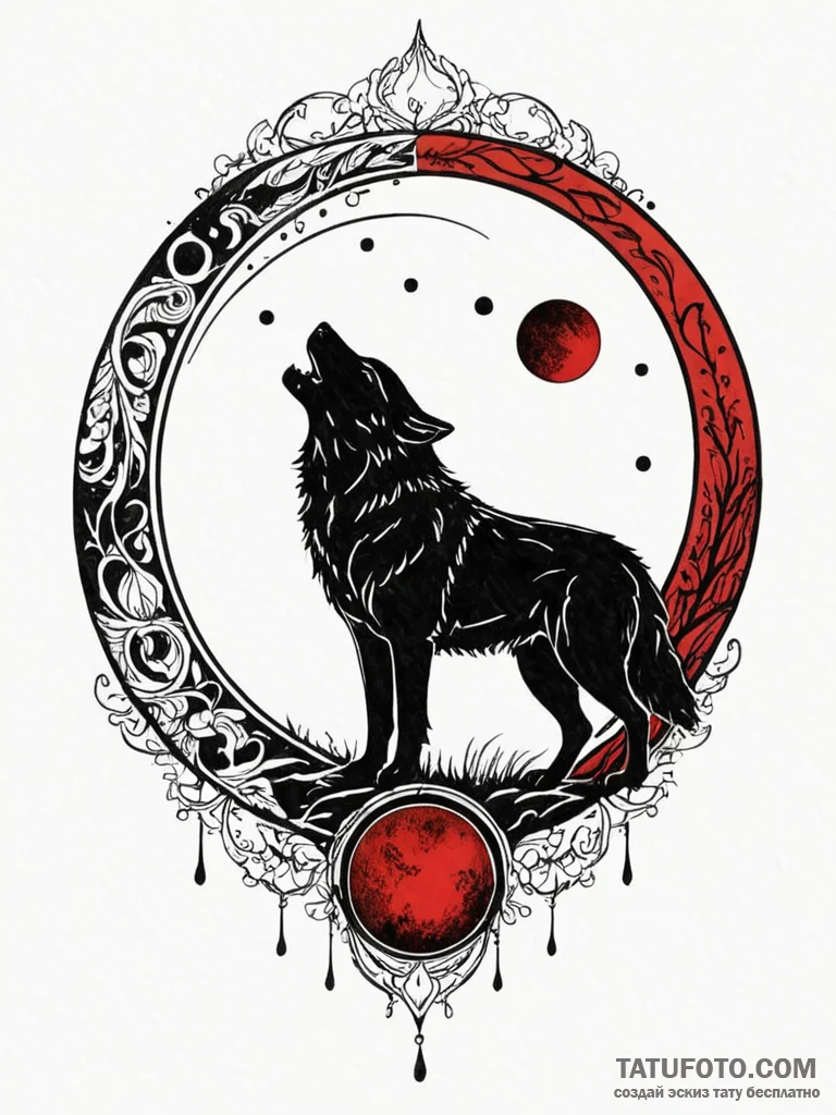 Blood moon with wolf silhouette, concept art... - эскиз тату (№1752622515_0, 15.07.2025 23:35) — Tatufoto.com