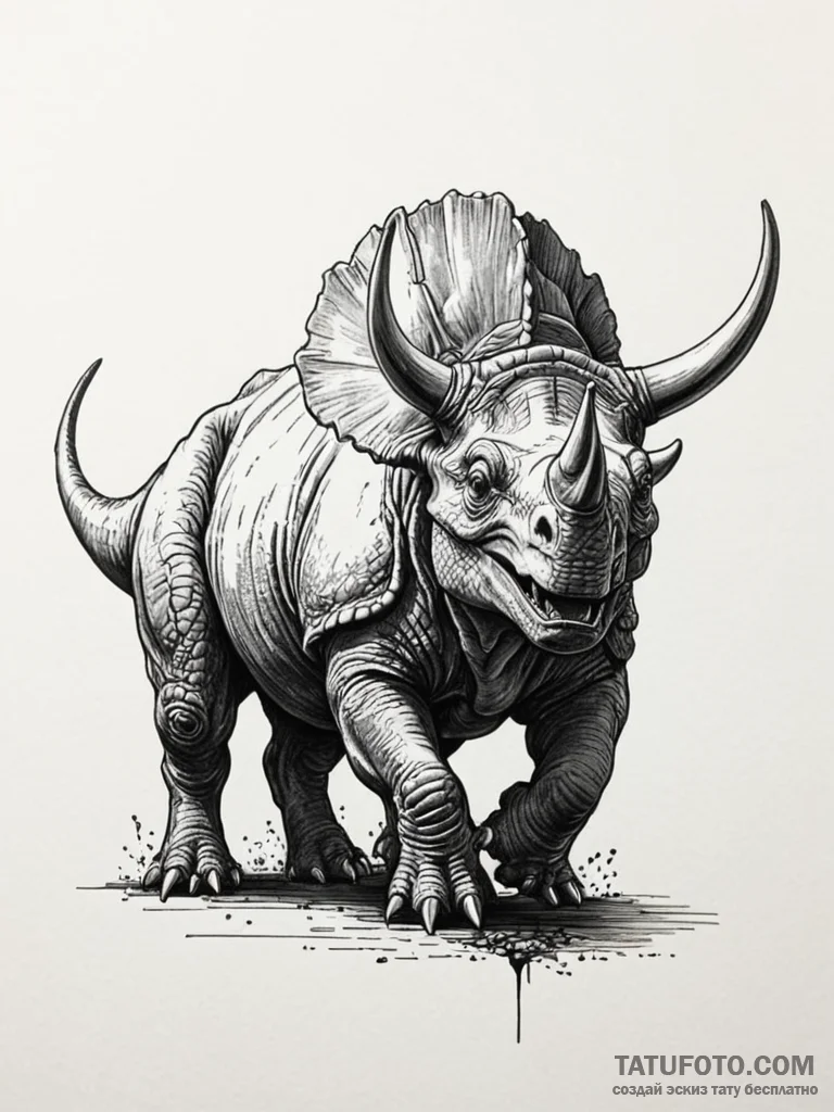 Triceratops charging, horns down, artistic ta... - эскиз тату (№1752622599_0, 15.07.2025 23:36) — Tatufoto.com