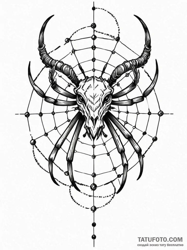 Spider spinning a web between a ram's horns,... - эскиз тату (№1752623431_0, 15.07.2025 23:50) — Tatufoto.com