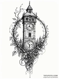 Clock tower entwined with vines, tattoo line... - эскиз тату (№1752625018_0, 16.07.2025 00:16) — Tatufoto.com