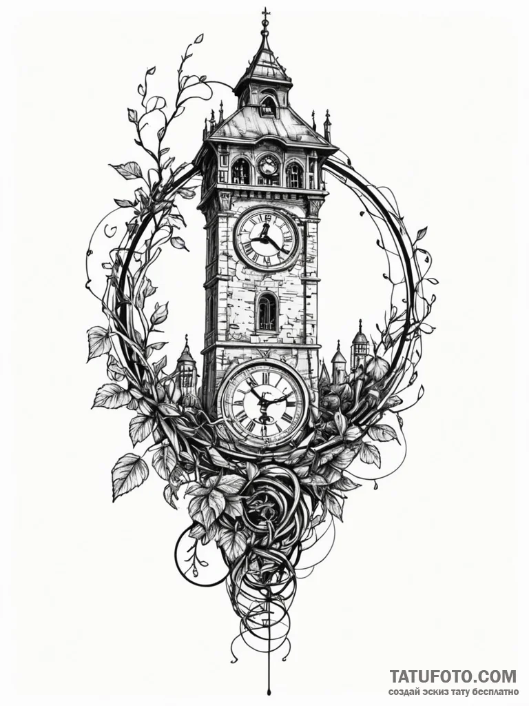 Clock tower entwined with vines, tattoo line... - эскиз тату (№1752625018_0, 16.07.2025 00:16) — Tatufoto.com