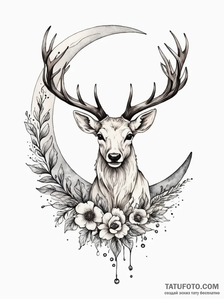 Ivory stag beneath crescent moon, tattoo draw... - эскиз тату (№1752626186_0, 16.07.2025 00:36) — Tatufoto.com