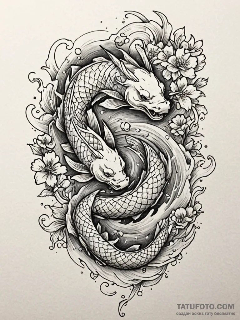 Koi fish swimming in spectral pool, tattoo li... - эскиз тату (№1752626353_0, 16.07.2025 00:39) — Tatufoto.com
