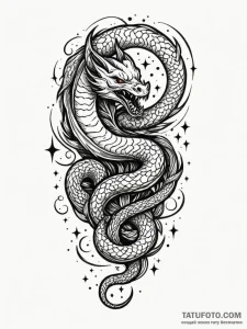 Lunar serpent devouring stars, tattoo sketch... - эскиз тату (№1752626437_0, 16.07.2025 00:40) — Tatufoto.com