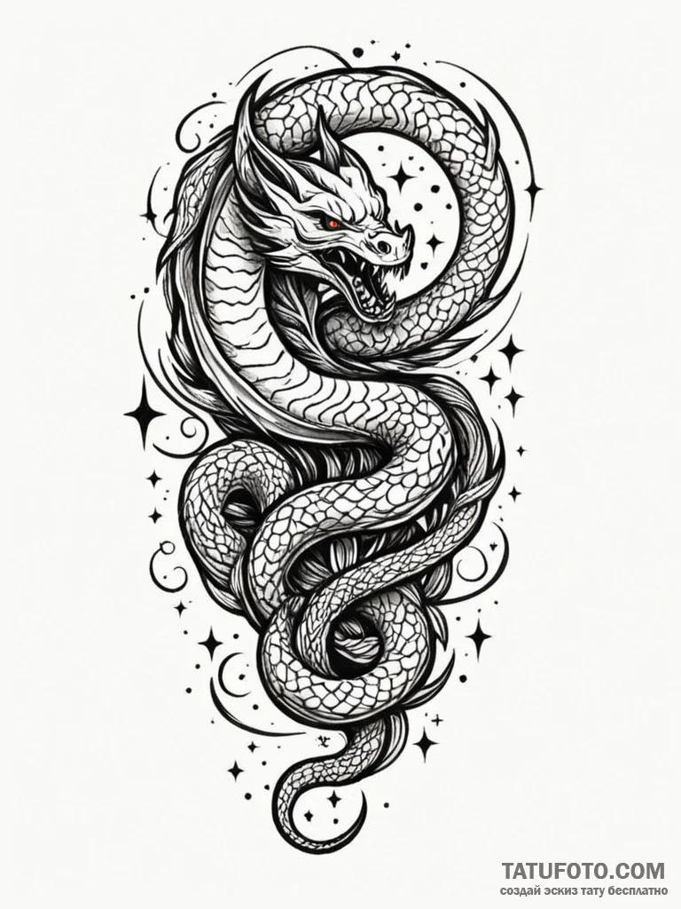 Lunar serpent devouring stars, tattoo sketch... - эскиз тату (№1752626437_0, 16.07.2025 00:40) — Tatufoto.com