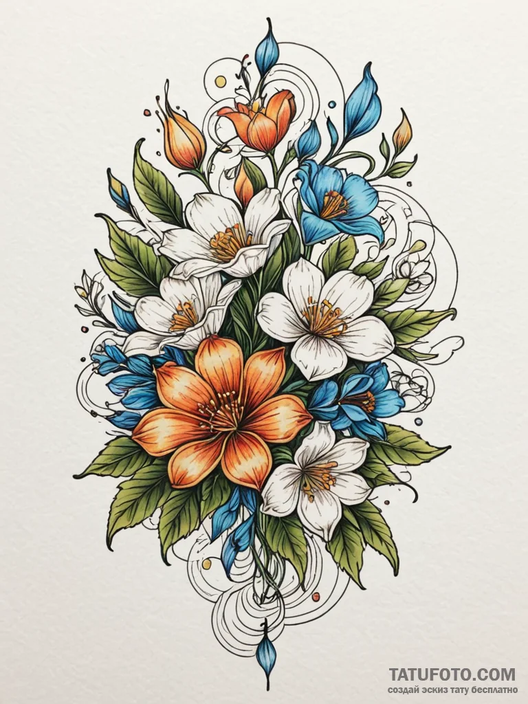 Bouquet of night-blooming flowers, each with... - эскиз тату (№1752626937_0, 16.07.2025 00:48) — Tatufoto.com