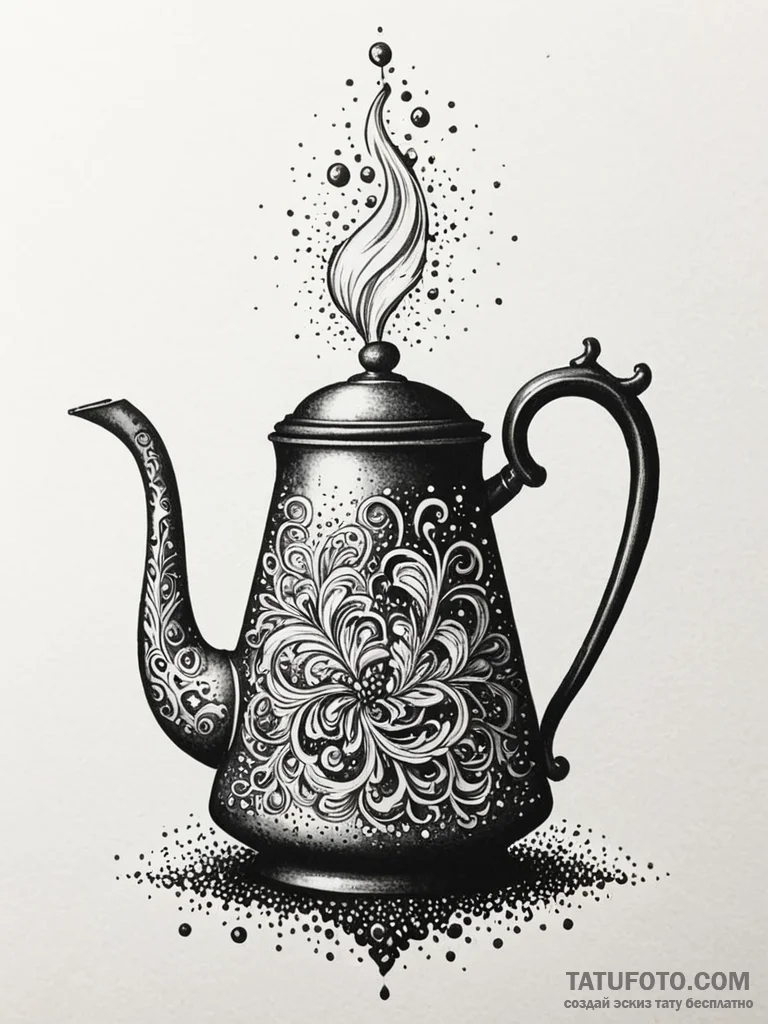Kettle pouring shadow liquid, tattoo sketch d… — эскиз тату (№1752627438_0, 16.07.2025 00:57) — Tatufoto.com