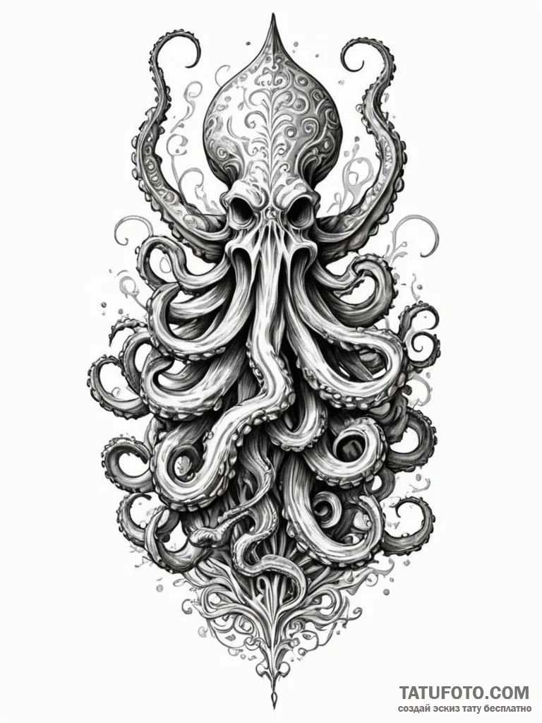 Kraken wrapping coral spire, tattoo sketch de... - эскиз тату (№1752627942_0, 16.07.2025 01:05) — Tatufoto.com