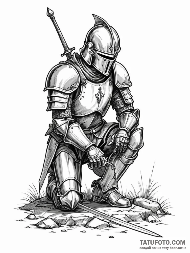 Armored knight kneeling with sword in ground,... - эскиз тату (№1752628695_0, 16.07.2025 01:18) — Tatufoto.com