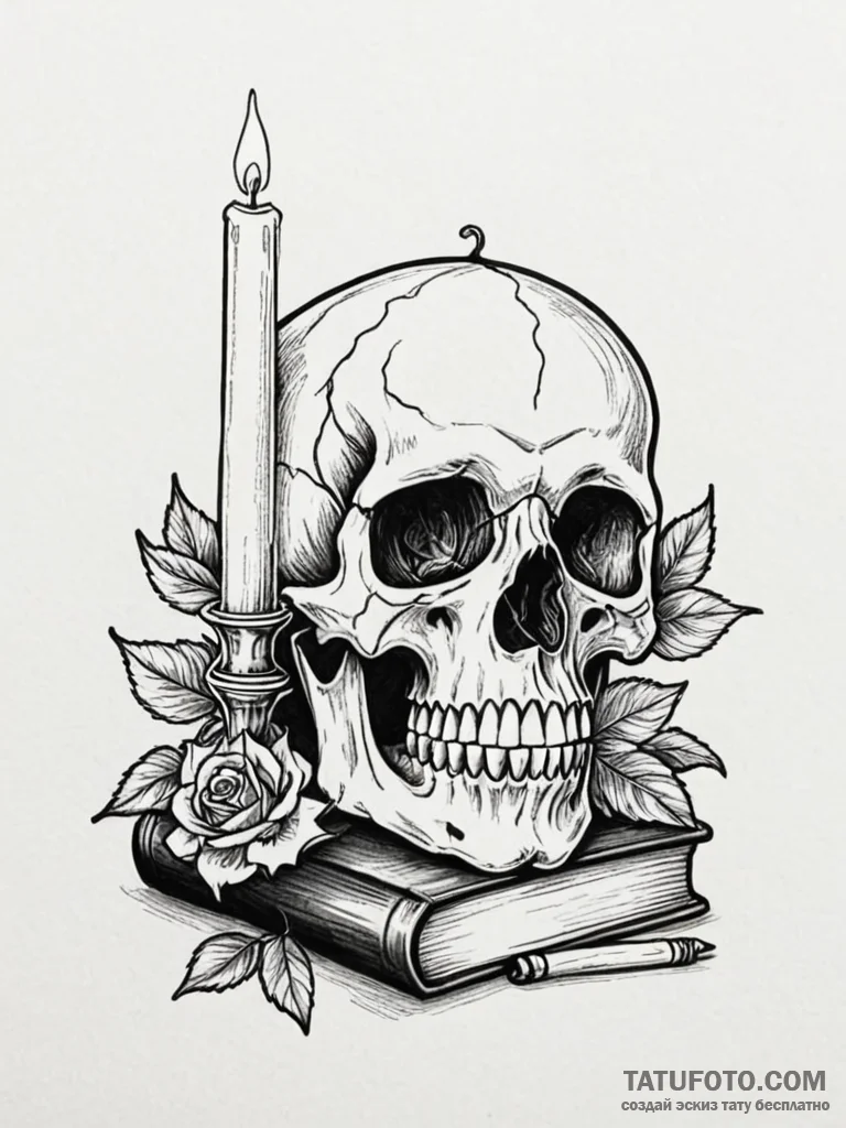 Vanitas still life (skull, candle, book), tat... - эскиз тату (№1752629116_0, 16.07.2025 01:25) — Tatufoto.com