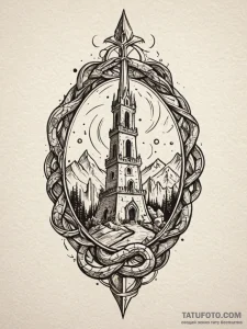 Mirror serpent beneath shattered spire, tatto... - эскиз тату (№1752629618_0, 16.07.2025 01:33) — Tatufoto.com