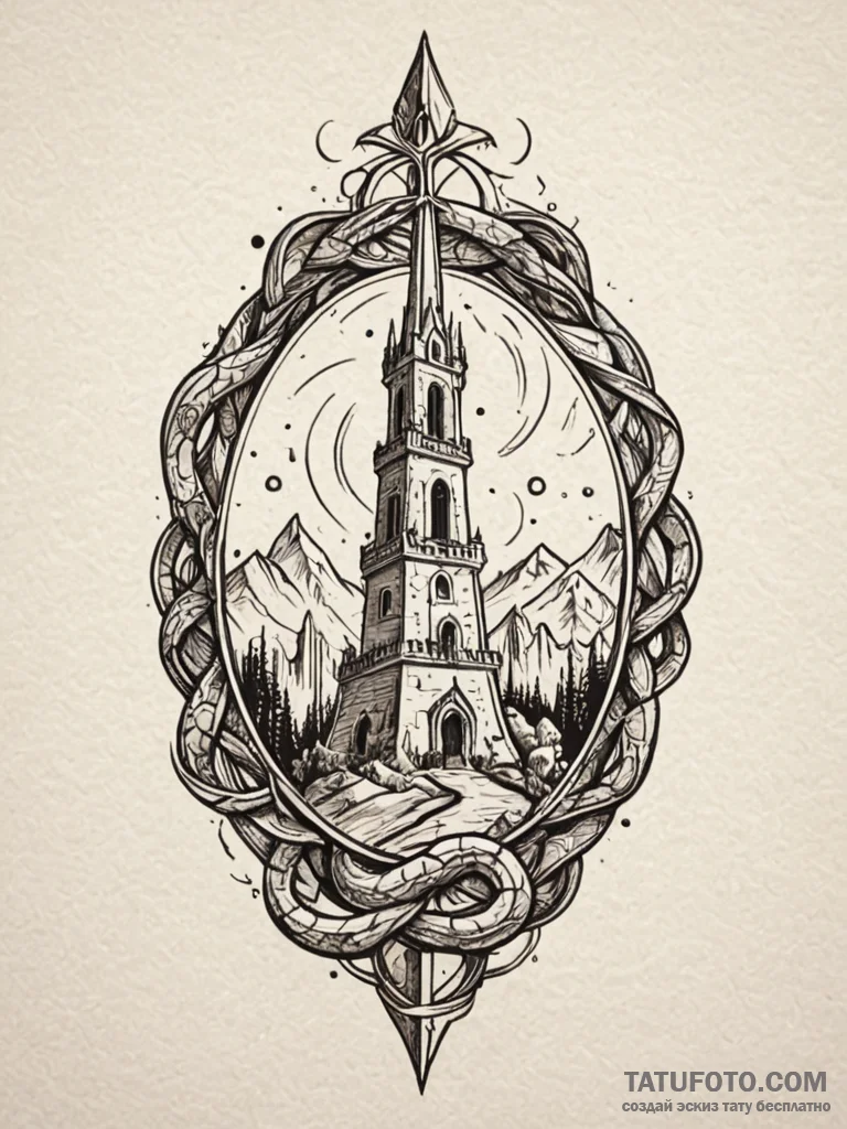 Mirror serpent beneath shattered spire, tatto... - эскиз тату (№1752629618_0, 16.07.2025 01:33) — Tatufoto.com