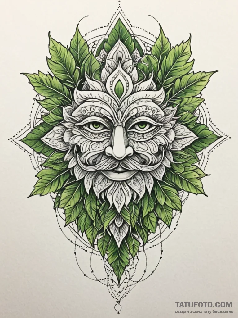 Mask of the green man, woven from leaves and... - эскиз тату (№1752629785_0, 16.07.2025 01:36) — Tatufoto.com