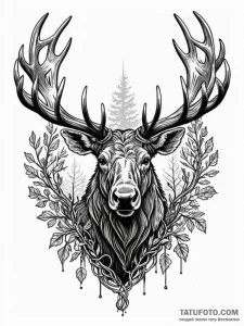 Moose antlers wrapped in vines, tattoo sketch... - эскиз тату (№1752630538_0, 16.07.2025 01:48) — Tatufoto.com