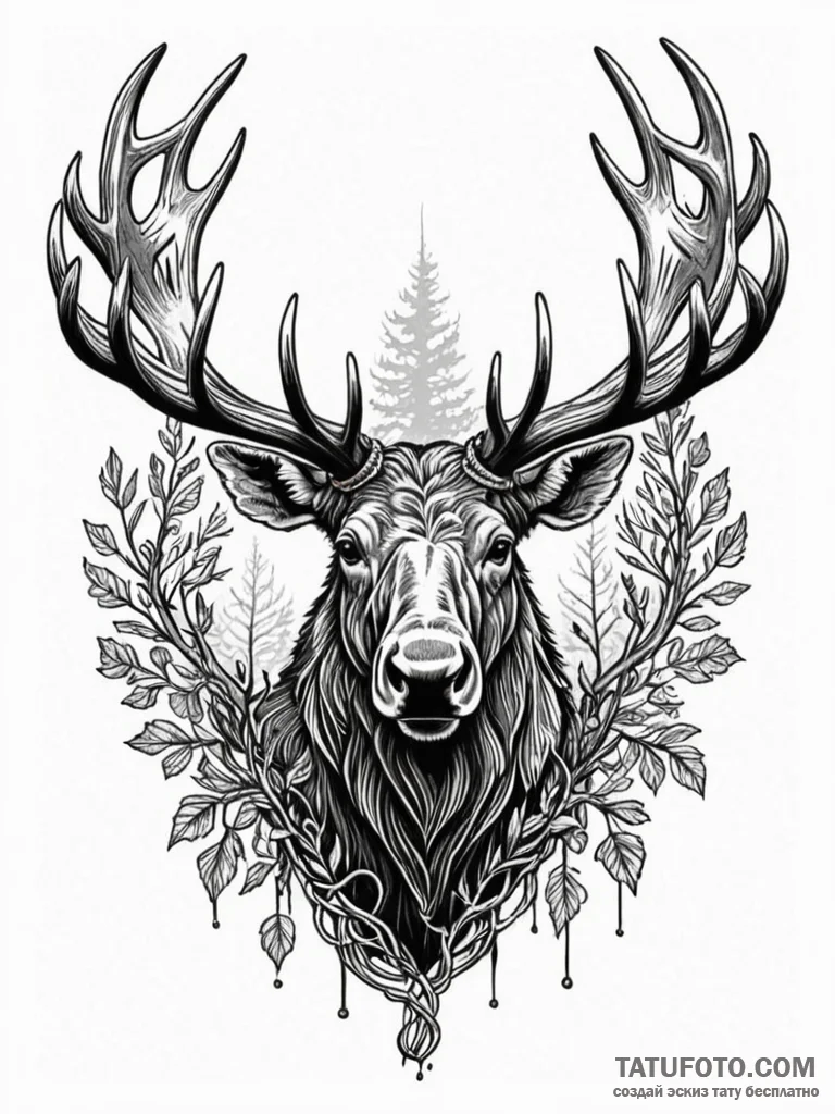 Moose antlers wrapped in vines, tattoo sketch... - эскиз тату (№1752630538_0, 16.07.2025 01:48) — Tatufoto.com