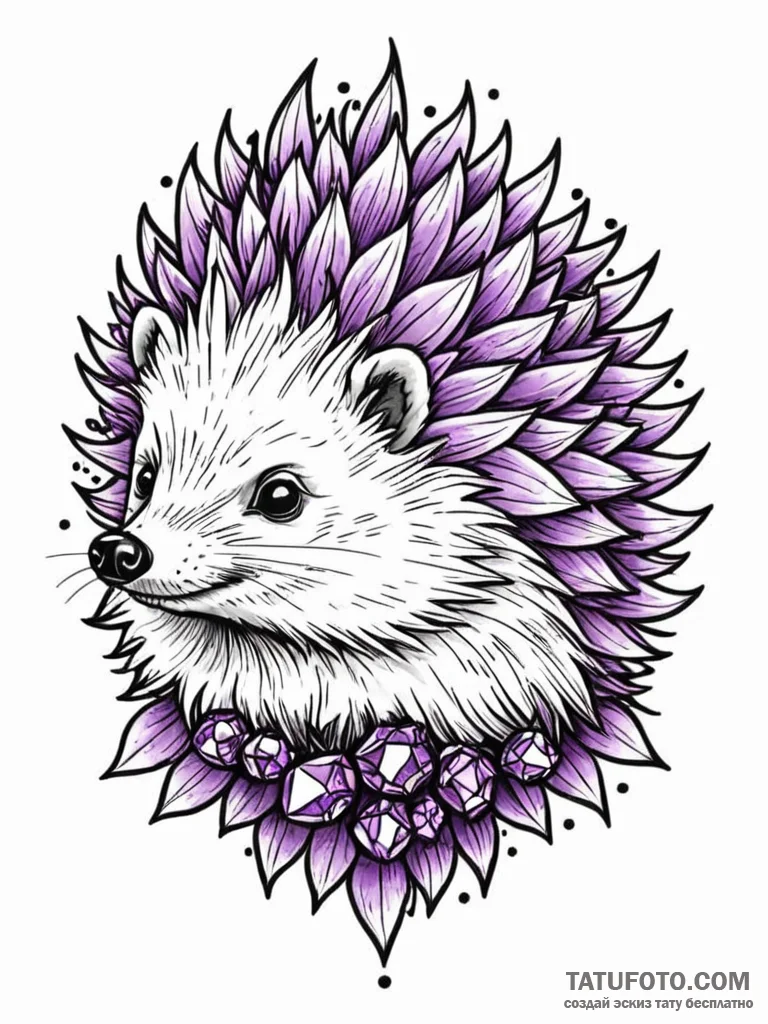 Hedgehog with spines of amethyst crystals, ta... - эскиз тату (№1752631707_0, 16.07.2025 02:08) — Tatufoto.com
