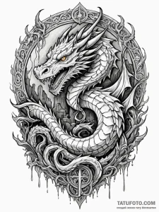 Ice dragon winding through ruins, ink illustr... - эскиз тату (№1752631791_0, 16.07.2025 02:09) — Tatufoto.com