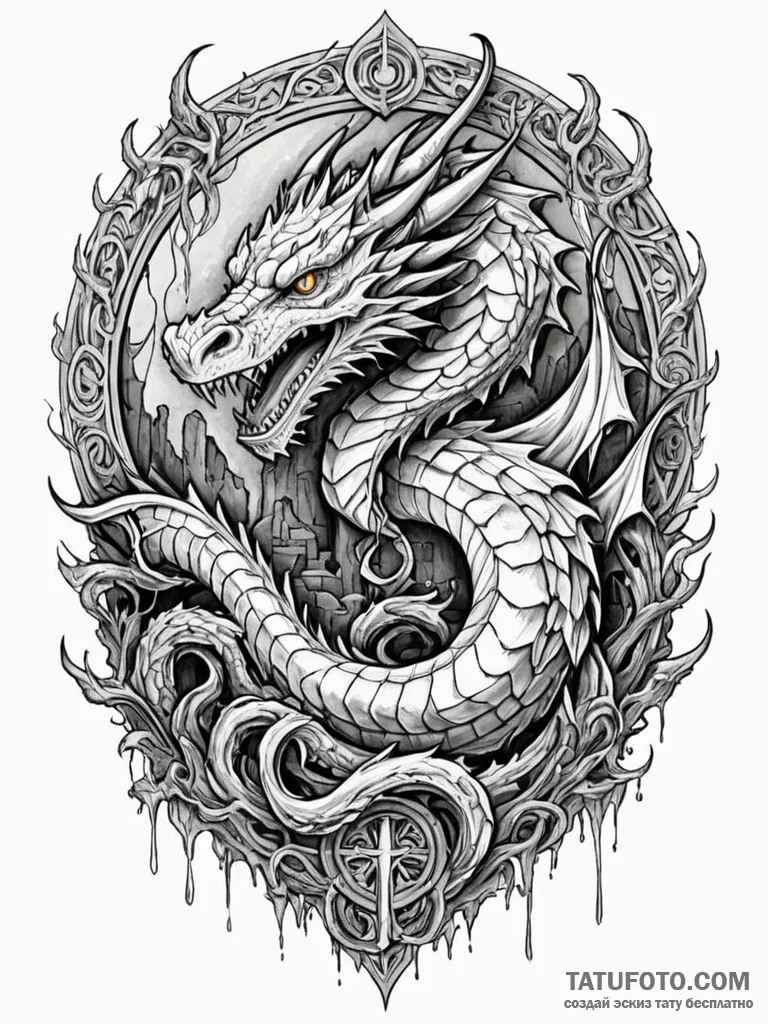 Ice dragon winding through ruins, ink illustr... - эскиз тату (№1752631791_0, 16.07.2025 02:09) — Tatufoto.com