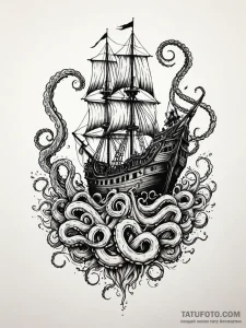 Kraken tentacle crushing a pirate ship, artis... - эскиз тату (№1752632792_0, 16.07.2025 02:26) — Tatufoto.com