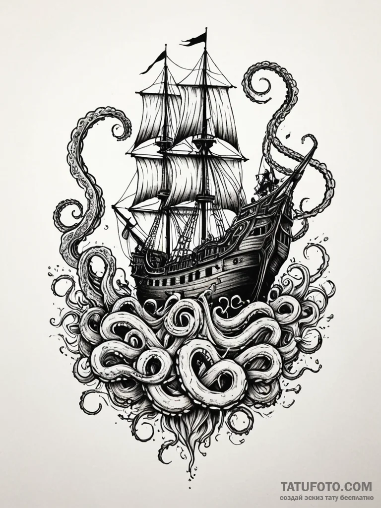 Kraken tentacle crushing a pirate ship, artis… — эскиз тату (№1752632792_0, 16.07.2025 02:26) — Tatufoto.com