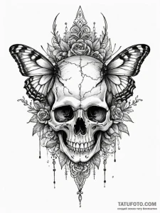Black moth resting on skull, artistic tattoo... - эскиз тату (№1752632960_0, 16.07.2025 02:29) — Tatufoto.com
