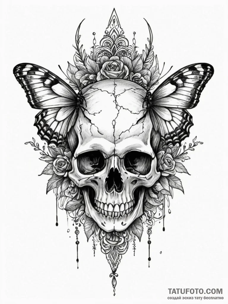 Black moth resting on skull, artistic tattoo… — эскиз тату (№1752632960_0, 16.07.2025 02:29) — Tatufoto.com