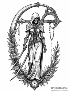 Reaper's scythe leaning against an hourglass,... - эскиз тату (№1752633128_0, 16.07.2025 02:32) — Tatufoto.com