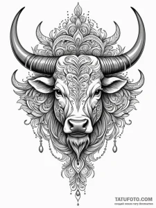 A powerful bull head with elaborate horns, sy... - эскиз тату (№1752633295_0, 16.07.2025 02:34) — Tatufoto.com