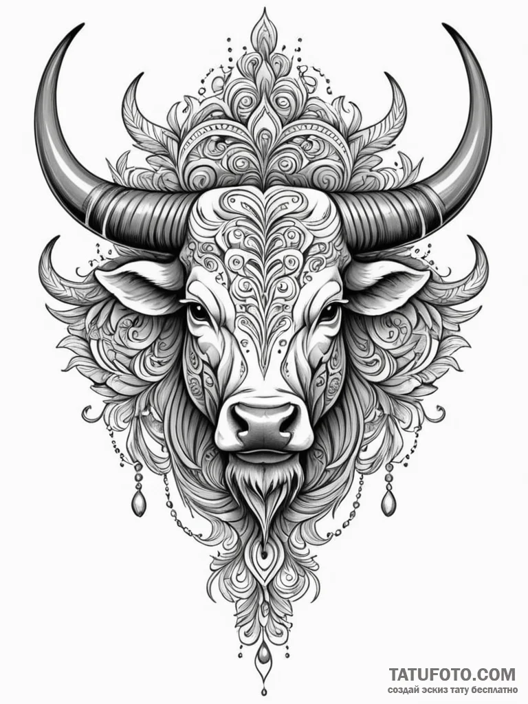 A powerful bull head with elaborate horns, sy... - эскиз тату (№1752633295_0, 16.07.2025 02:34) — Tatufoto.com