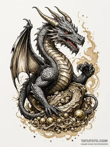Dragon guarding a hoard of gold, ink illustra... - эскиз тату (№1752633462_0, 16.07.2025 02:37) — Tatufoto.com