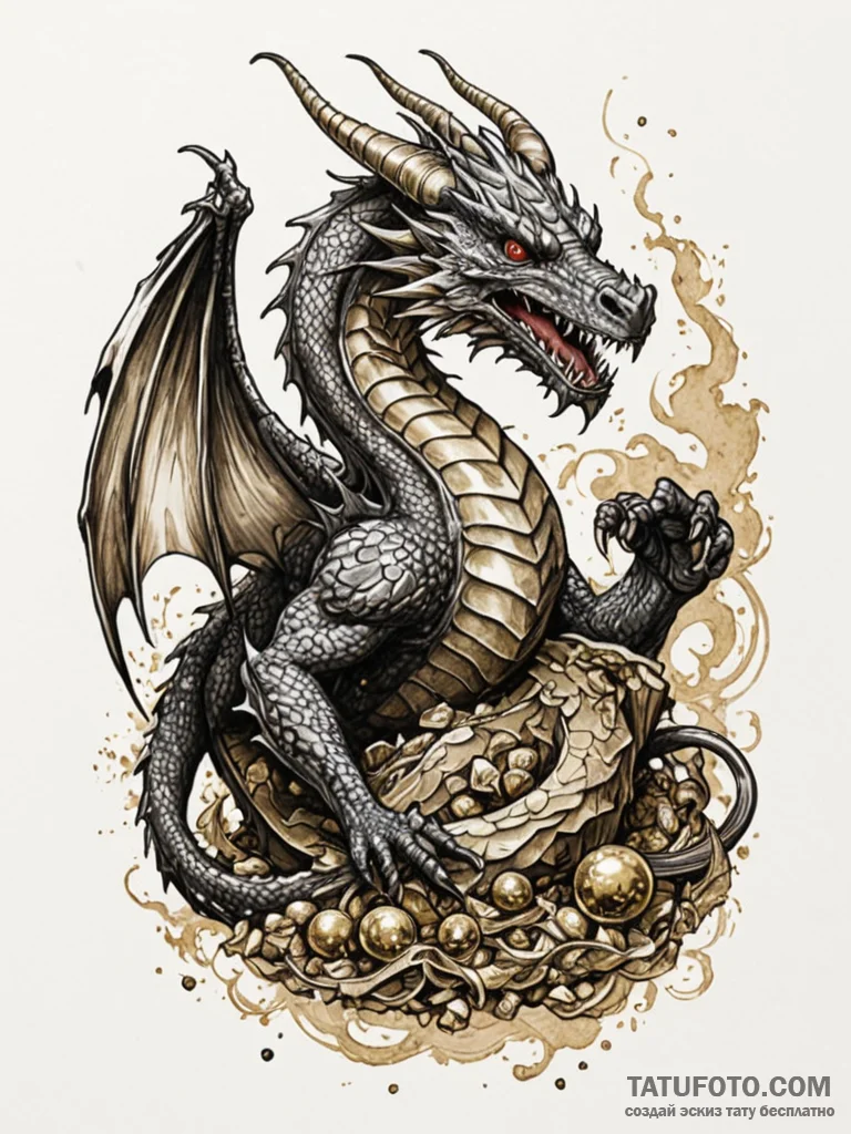 Dragon guarding a hoard of gold, ink illustra... - эскиз тату (№1752633462_0, 16.07.2025 02:37) — Tatufoto.com