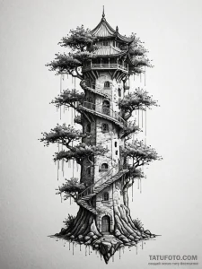 Ethereal roots climbing tower, tattoo drawing... - эскиз тату (№1752634047_0, 16.07.2025 02:47) — Tatufoto.com
