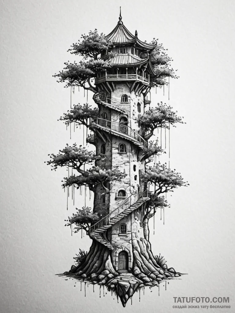 Ethereal roots climbing tower, tattoo drawing... - эскиз тату (№1752634047_0, 16.07.2025 02:47) — Tatufoto.com