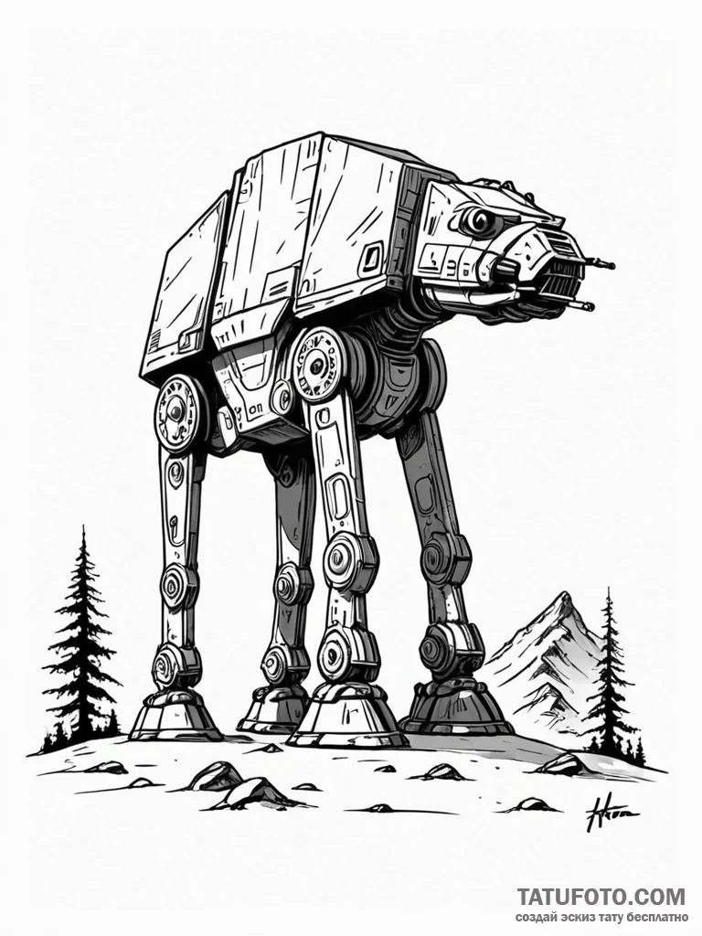 A graphic tattoo of an at-at walker, minimali... - эскиз тату (№1752647397_0, 16.07.2025 06:29) — Tatufoto.com