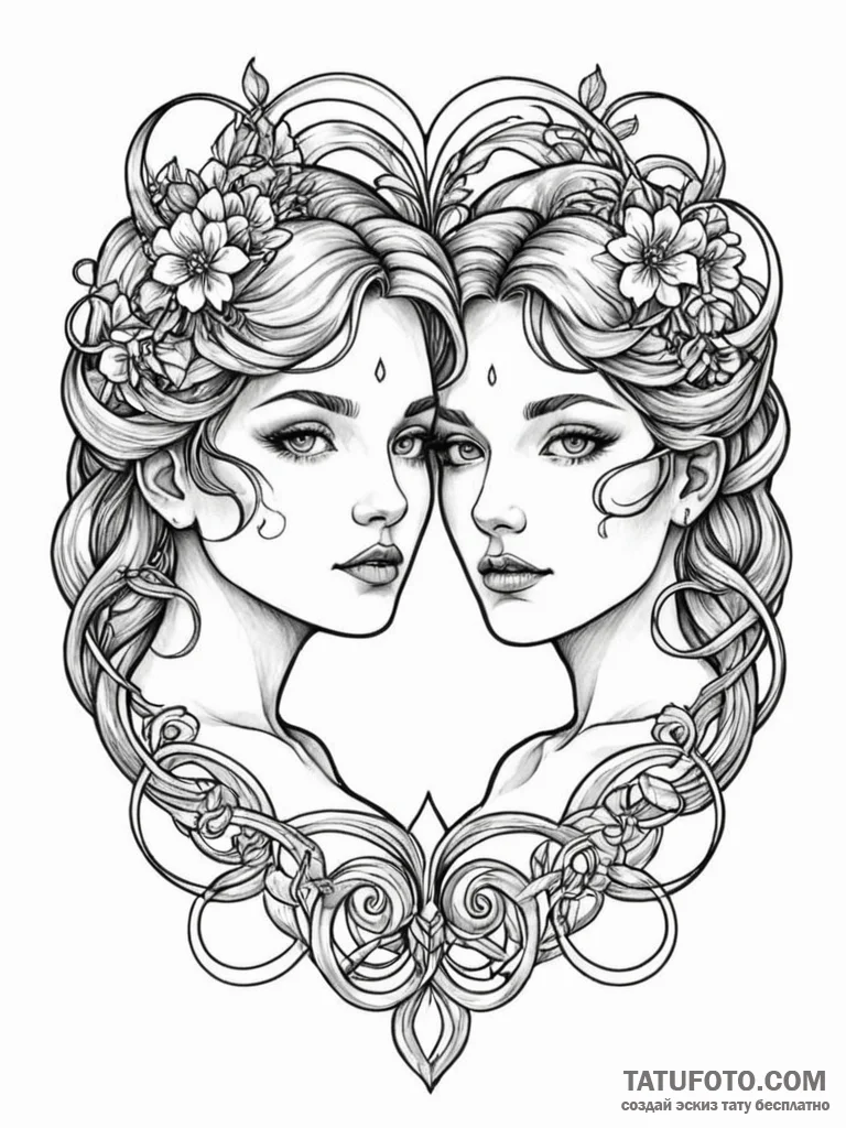Tattoo sketch gemini faces, one in linework,... - эскиз тату (№1752648425_0, 16.07.2025 06:47) — Tatufoto.com