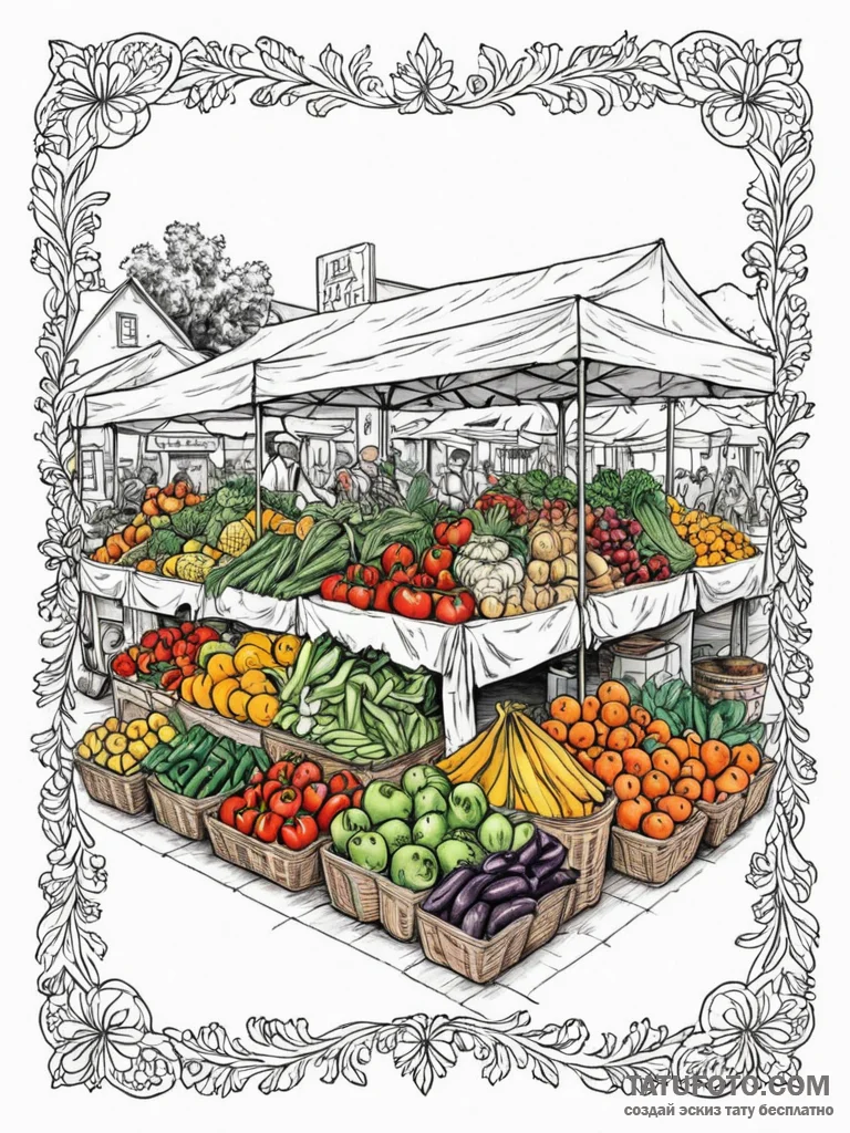 A shot of a farmer’s market stall, overflowin… — эскиз тату (№1752648737_0, 16.07.2025 06:52) — Tatufoto.com