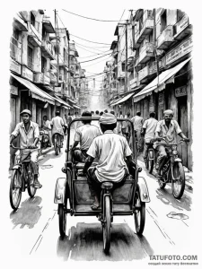 A shot of a rickshaw driver navigating a crow... - эскиз тату (№1752649635_0, 16.07.2025 07:07) — Tatufoto.com
