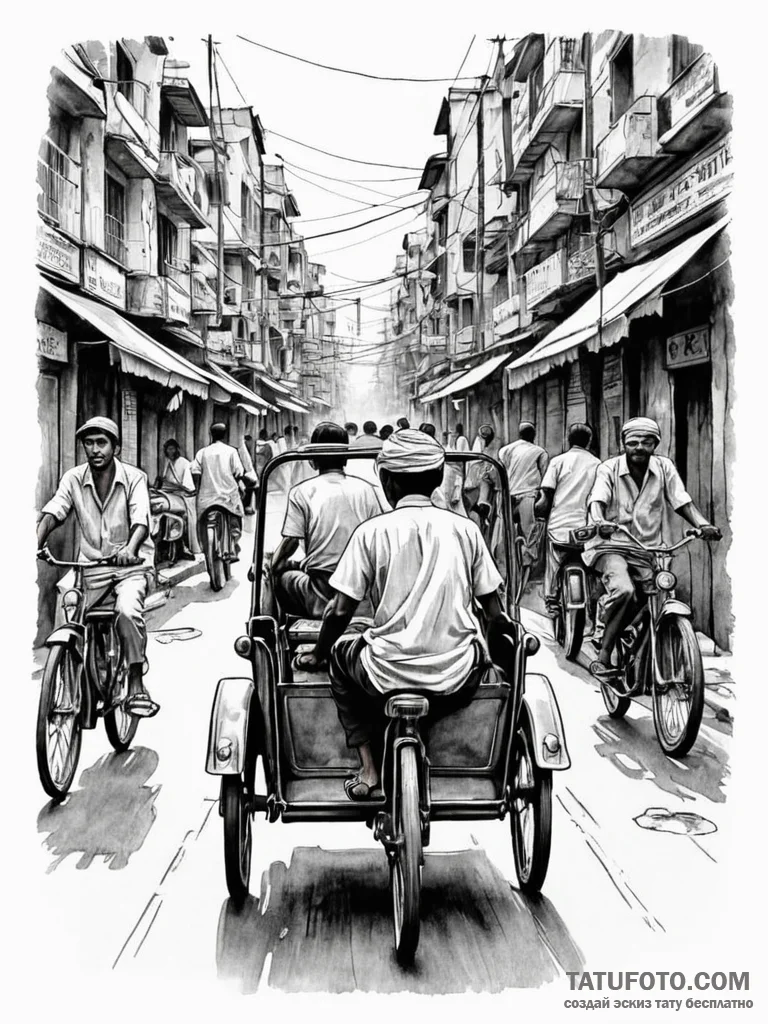 A shot of a rickshaw driver navigating a crow… — эскиз тату (№1752649635_0, 16.07.2025 07:07) — Tatufoto.com