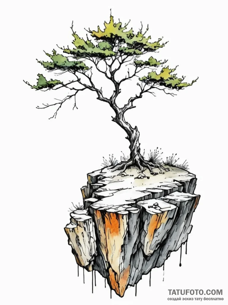 A shot of a lone tree on a cliff, battered by... - эскиз тату (№1752651180_0, 16.07.2025 07:33) — Tatufoto.com