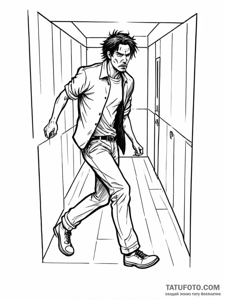 A sketch of the hallway fight scene from oldb... - эскиз тату (№1752652813_0, 16.07.2025 08:00) — Tatufoto.com