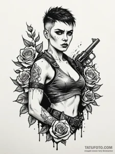 A graphic sketch of furiosa with her war rig... - эскиз тату (№1752653713_0, 16.07.2025 08:15) — Tatufoto.com