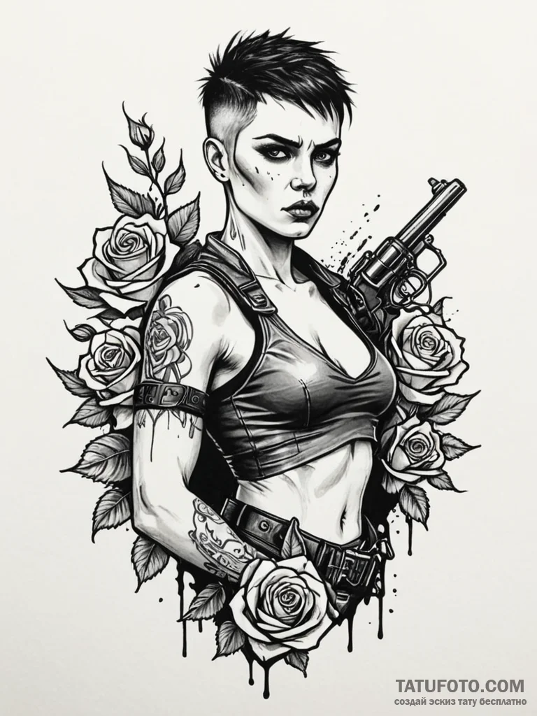 A graphic sketch of furiosa with her war rig... - эскиз тату (№1752653713_0, 16.07.2025 08:15) — Tatufoto.com